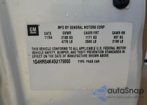 2005 Buick Lesabre Limited z USA, uszkodzony, nr VIN 1G4HR54K45U179060